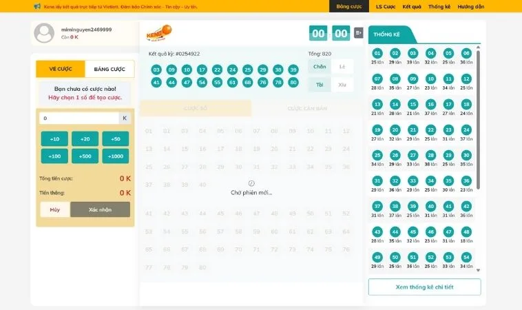 Giao diện chơi game nhanh Keno Tại Sclub88