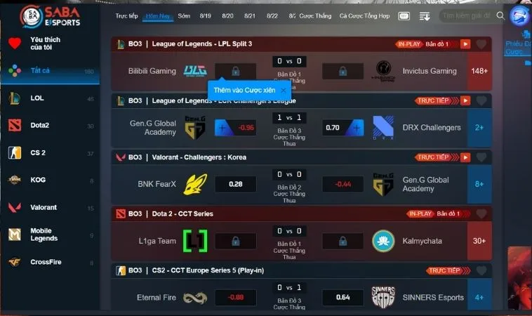 Bảng kèo cá cược Thể Thao Điện Tử Tại Sclub88